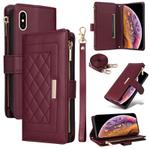 For iPhone XS Max Crossbody Zipper Wallet Rhombus Leather Phone Case(Wine Red)