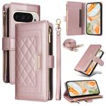 For Google Pixel 9 / 9 Pro Crossbody Zipper Wallet Rhombus Leather Phone Case(Rose Gold)