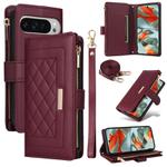 For Google Pixel 9 Pro XL Crossbody Zipper Wallet Rhombus Leather Phone Case(Wine Red)