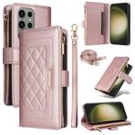 For Samsung Galaxy S23 Ultra 5G Crossbody Zipper Wallet Rhombus Leather Phone Case(Rose Gold)