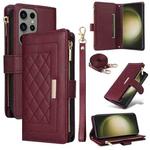 For Samsung Galaxy S23 Ultra 5G Crossbody Zipper Wallet Rhombus Leather Phone Case(Wine Red)