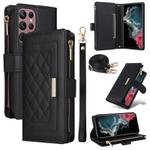 For Samsung Galaxy S22 Ultra 5G Crossbody Zipper Wallet Rhombus Leather Phone Case(Black)