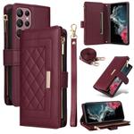 For Samsung Galaxy S22 Ultra 5G Crossbody Zipper Wallet Rhombus Leather Phone Case(Wine Red)