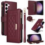 For Samsung Galaxy S23 5G Crossbody Zipper Wallet Rhombus Leather Phone Case(Wine Red)