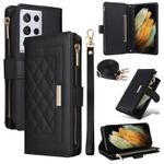 For Samsung Galaxy S21 Ultra 5G Crossbody Zipper Wallet Rhombus Leather Phone Case(Black)