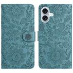 For iPhone 16 Plus Floral Embossed Pattern Leather Phone Case(Dark Green)