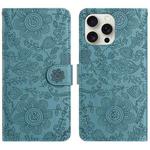 For iPhone 15 Pro Max Floral Embossed Pattern Leather Phone Case(Dark Green)