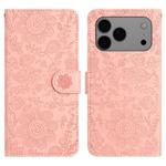 For iPhone 17 Pro Max Floral Embossed Pattern Leather Phone Case(Pink)