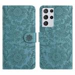 For Samsung Galaxy S21 Ultra 5G Floral Embossed Pattern Leather Phone Case(Dark Green)