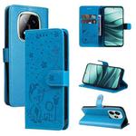 For Redmi Note 14 5G Cat and Bee Embossed Flip Leather Phone Case(Blue)