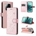 For Redmi Note 14 5G Cat and Bee Embossed Flip Leather Phone Case(Rose Gold)