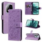 For Redmi Note 14 5G Cat and Bee Embossed Flip Leather Phone Case(Purple)
