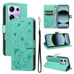 For Redmi Note 14S 4G / Note 13 Pro 4G Cat and Bee Embossed Flip Leather Phone Case(Green)