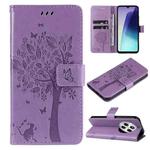 For Redmi 14C 4G Global Tree & Cat Embossed Pattern Flip Leather Phone Case(Light Purple)