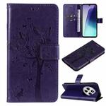 For Redmi 14C 4G Global Tree & Cat Embossed Pattern Flip Leather Phone Case(Purple)