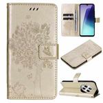 For Redmi 14C 4G Global Tree & Cat Embossed Pattern Flip Leather Phone Case(Gold)