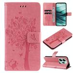 For Redmi Note 14 5G Tree & Cat Embossed Pattern Flip Leather Phone Case(Pink)