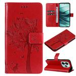 For Redmi Note 14 5G Tree & Cat Embossed Pattern Flip Leather Phone Case(Red)