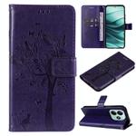 For Redmi Note 14 5G Tree & Cat Embossed Pattern Flip Leather Phone Case(Purple)