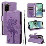For Redmi A5 4G 173.3mm Tree & Cat Embossed Pattern Flip Leather Phone Case(Light Purple)