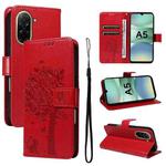 For Redmi A5 4G 173.3mm Tree & Cat Embossed Pattern Flip Leather Phone Case(Red)