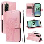 For Redmi A5 4G 173.3mm Tree & Cat Embossed Pattern Flip Leather Phone Case(Rose Gold)