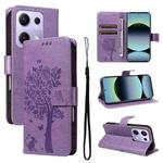 For Redmi Note 14S 4G / Note 13 Pro 4G Tree & Cat Embossed Pattern Flip Leather Phone Case(Light Purple)