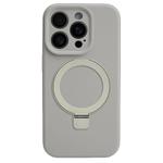 For iPhone 15 Pro Precision Hole Liquid Silicone MagSafe Metal Ring Holder Phone Case(Rock Grey)