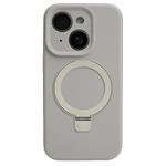 For iPhone 15 Precision Hole Liquid Silicone MagSafe Metal Ring Holder Phone Case(Rock Grey)