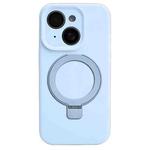 For iPhone 15 Precision Hole Liquid Silicone MagSafe Metal Ring Holder Phone Case(Cloud Blue)