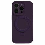 For iPhone 14 Pro Precision Hole Liquid Silicone MagSafe Metal Ring Holder Phone Case(Dark Purple)