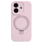 For iPhone 12 Precision Hole Liquid Silicone MagSafe Metal Ring Holder Phone Case(Pink)