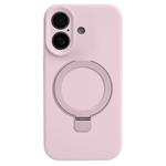 For iPhone 16 Precision Hole Liquid Silicone MagSafe Metal Ring Holder Phone Case(Pink)