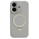 For iPhone 16 Precision Hole Liquid Silicone MagSafe Metal Ring Holder Phone Case(Rock Grey)