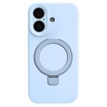 For iPhone 16 Precision Hole Liquid Silicone MagSafe Metal Ring Holder Phone Case(Cloud Blue)