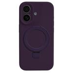 For iPhone 16 Precision Hole Liquid Silicone MagSafe Metal Ring Holder Phone Case(Dark Purple)