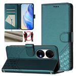 For Huawei P50 Pro Honeycomb Embossing RFID Leather Phone Case(Peacock Green)