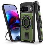 For Google Pixel 9 / 9 Pro Ring Holder Carbon Fiber PC Hybrid TPU Phone Case(Army Green)