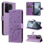 For Xiaomi 14T Cat and Bee Embossed Flip Leather Phone Case(Purple)