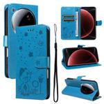 For Xiaomi 15 Ultra 5G Global Cat and Bee Embossed Flip Leather Phone Case(Blue)