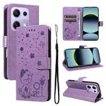 For Xiaomi Poco M6 Pro 4G Global Cat and Bee Embossed Flip Leather Phone Case(Purple)