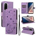 For Xiaomi Poco M7 4G 169mm Cat and Bee Embossed Flip Leather Phone Case(Purple)
