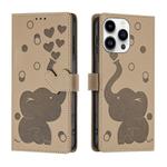 For iPhone 16 Pro Cartoon Elephant Embossed Leather Phone Case(Khaki)