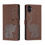 For iPhone 16 Plus Cartoon Elephant Embossed Leather Phone Case(Brown)