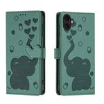 For iPhone 16 Cartoon Elephant Embossed Leather Phone Case(Green)