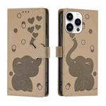 For iPhone 15 Pro Max Cartoon Elephant Embossed Leather Phone Case(Khaki)