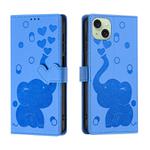 For iPhone 15 Plus Cartoon Elephant Embossed Leather Phone Case(Blue)