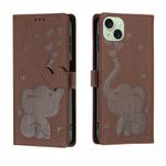 For iPhone 15 Plus Cartoon Elephant Embossed Leather Phone Case(Brown)