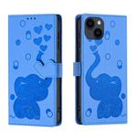 For iPhone 14 Plus Cartoon Elephant Embossed Leather Phone Case(Blue)