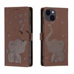 For iPhone 14 Cartoon Elephant Embossed Leather Phone Case(Brown)